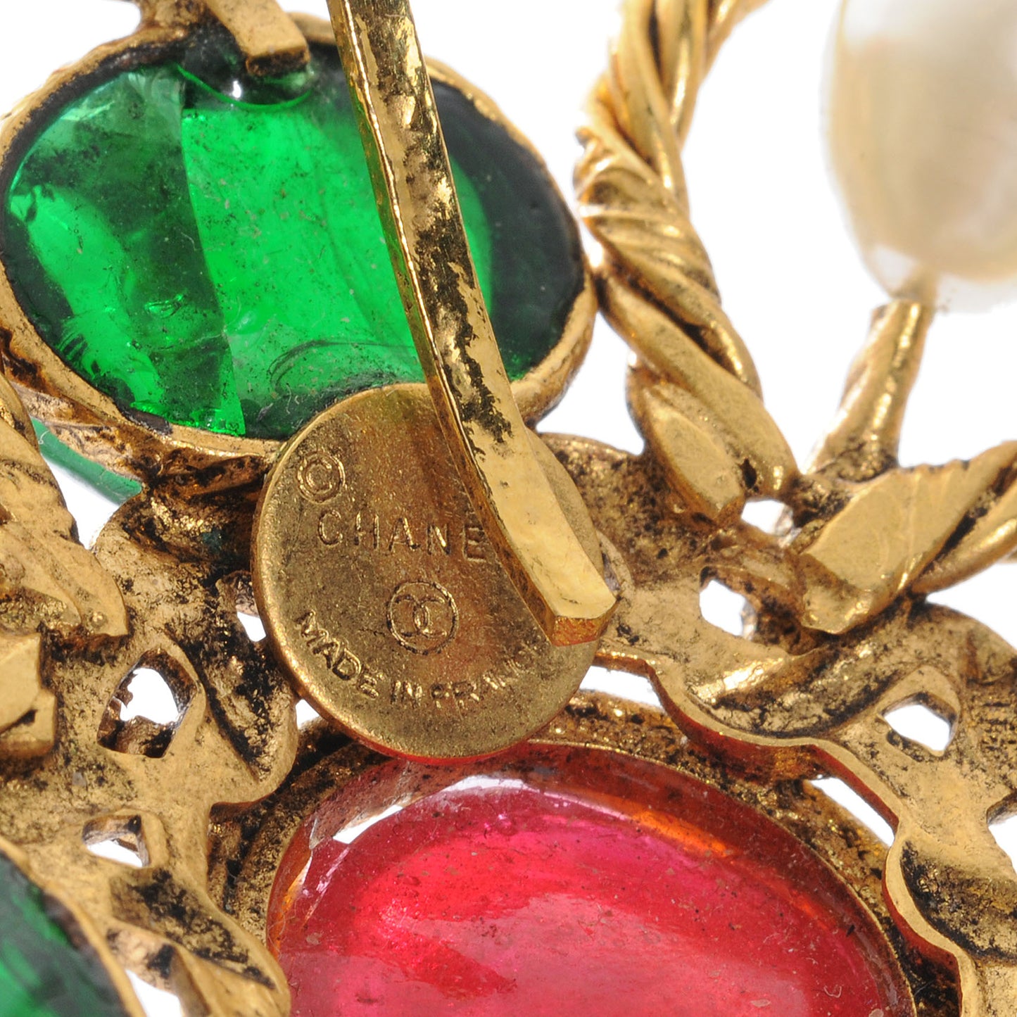 Gripoix Poured Glass Crystal Pearl Brooch Gold