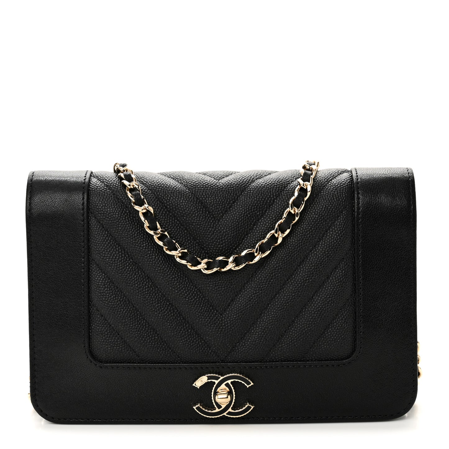 Caviar Sheepskin Chevron Quilted Vintage Mademoiselle Wallet On Chain WOC Black