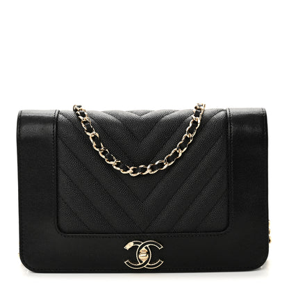 Chanel Caviar Sheepskin Chevron Quilted Vintage Mademoiselle Wallet On Chain WOC Black 1 of 11