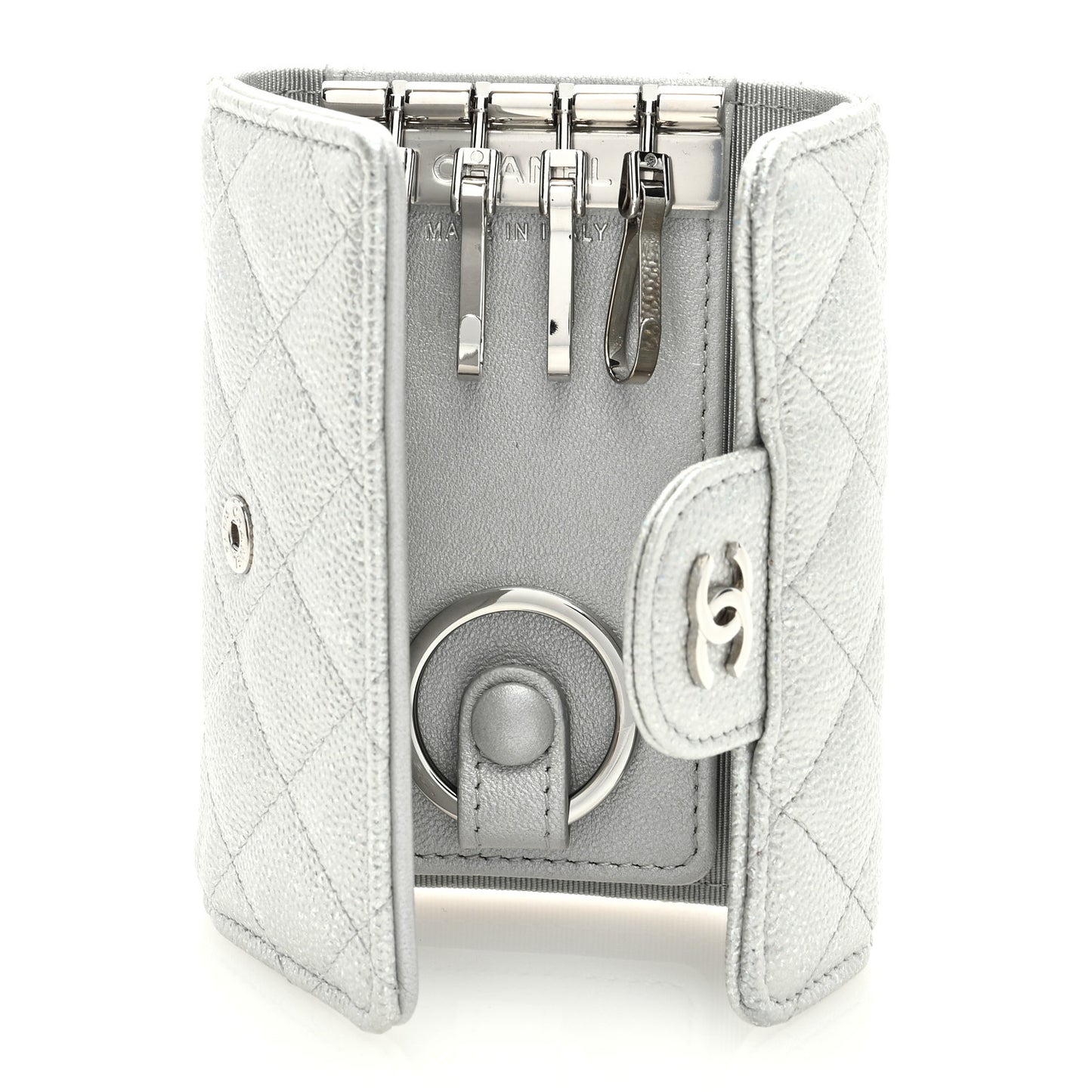 Metallic Caviar Quilted Classic 4 Key Holder Wallet Silver