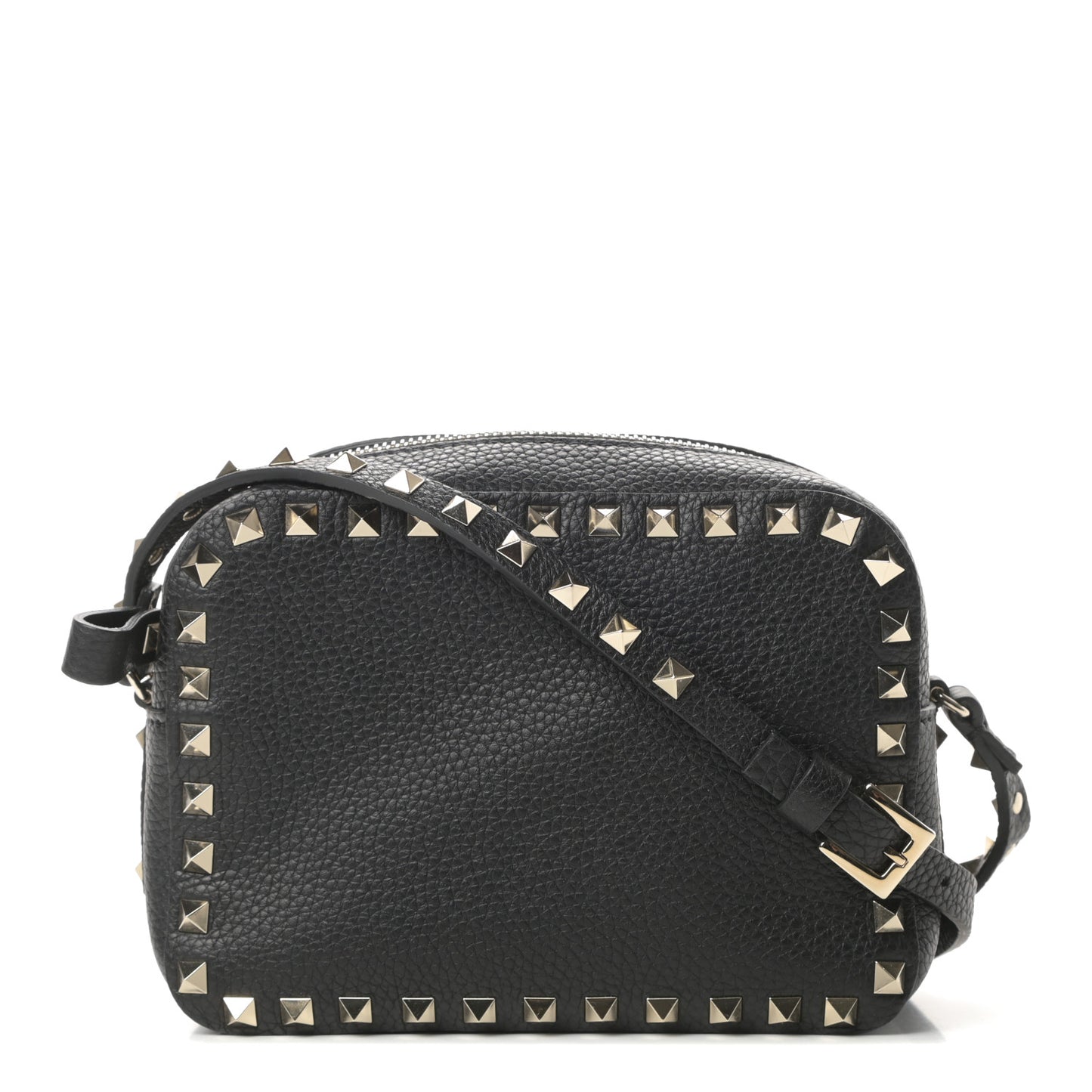 Pebbled Calfskin Rockstud Camera Crossbody Bag Black
