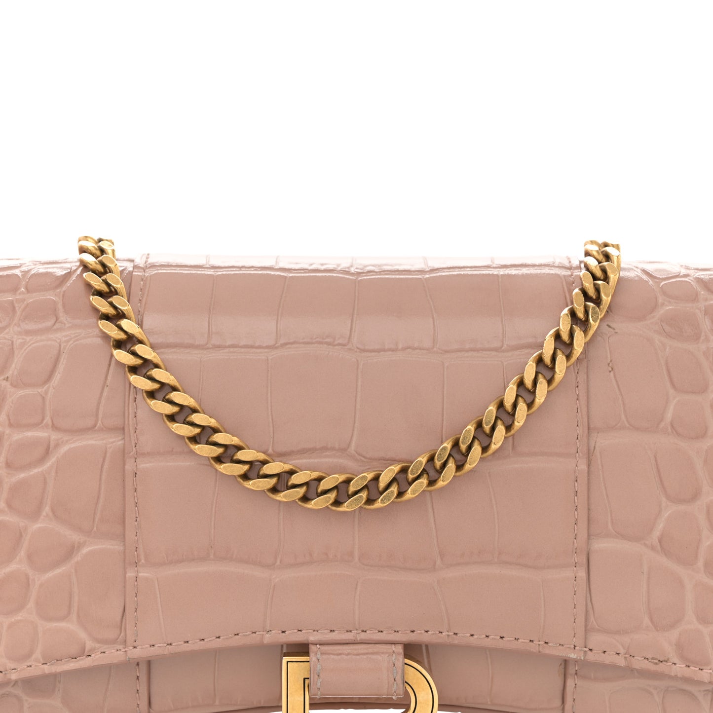 Shiny Calfskin Crocodile Embossed Hourglass Chain Bag Nude Beige