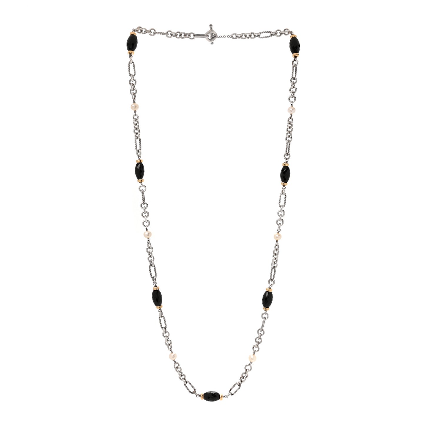 Sterling Silver 18K Yellow Gold Black Onyx Cultured Pearl Figaro Station Link Necklace