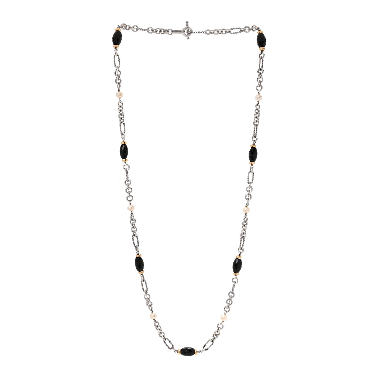 David Yurman Sterling Silver 18K Yellow Gold Black Onyx Cultured Pearl Figaro Station Link Necklace 3 of 5
