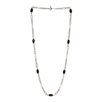David Yurman Sterling Silver 18K Yellow Gold Black Onyx Cultured Pearl Figaro Station Link Necklace 3 of 5