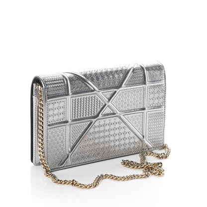 Christian Dior Metallic Patent Micro-Cannage Diorama Wallet on Chain Pouch Silver 2 of 8