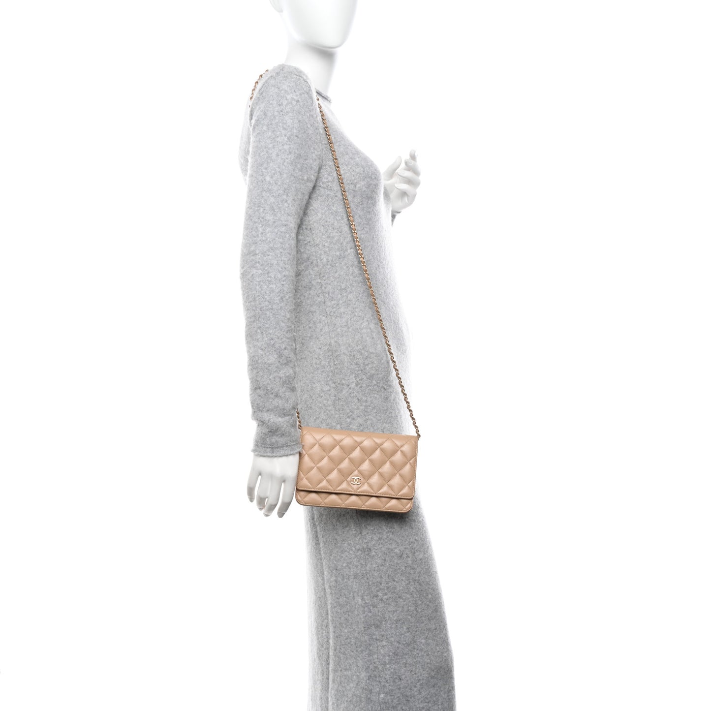 Lambskin Quilted Wallet On Chain WOC Beige