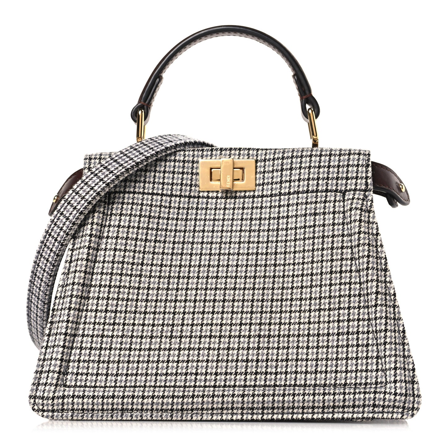 Wool Fabric Jacquard Cuoio Small Houndstooth FF 1974 Petite Peekaboo I SEE U Satchel Grigio Anthracite