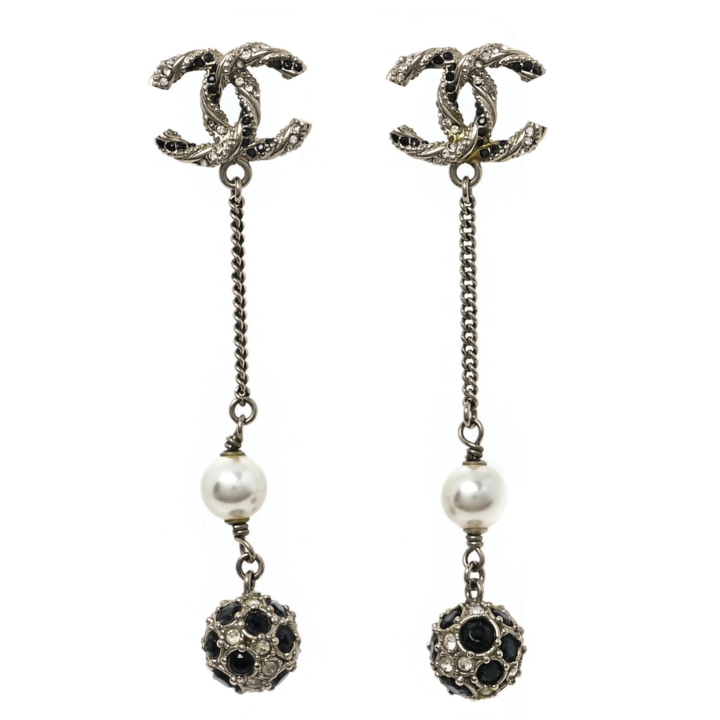 Crystal Pearl CC Ball Chain Drop Earrings Gold Black