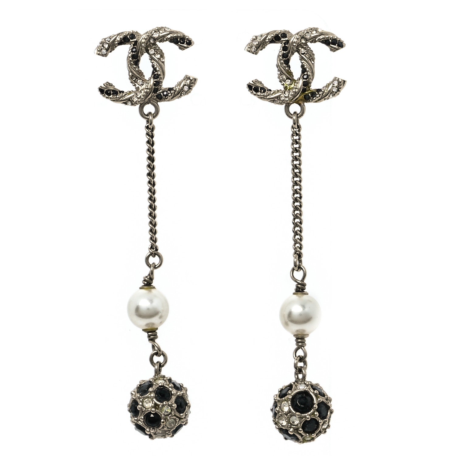 Chanel Crystal Pearl CC Ball Chain Drop Earrings Gold Black 1 of 5