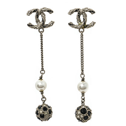 Chanel Crystal Pearl CC Ball Chain Drop Earrings Gold Black 1 of 5