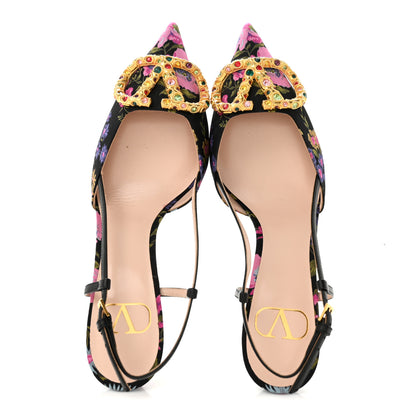 Valentino Garavani Satin Moire Floral Vlogo Loco Slingback 80mm Pumps 37 Black Multicolor 2 of 9