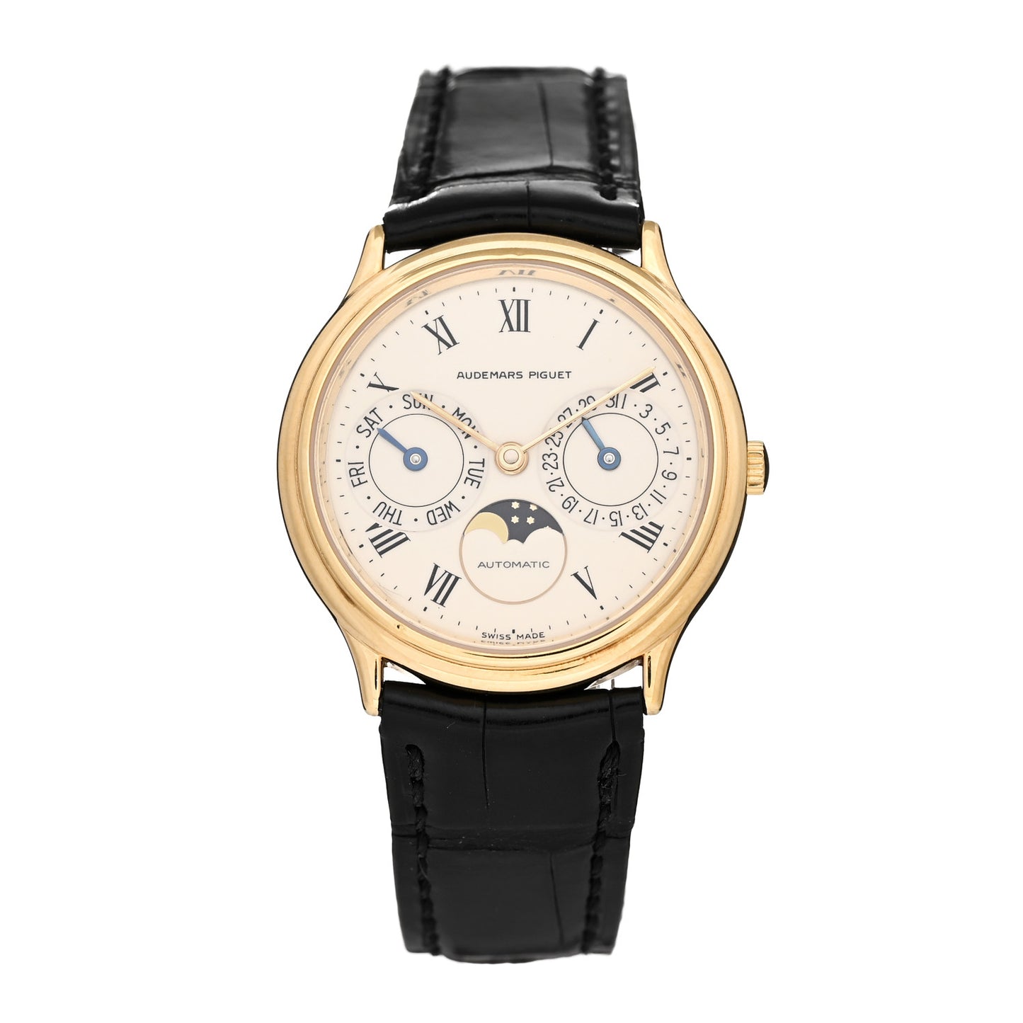 18K Yellow Gold Alligator 33mm Day-Date Moonphase Automatic Watch White 25589