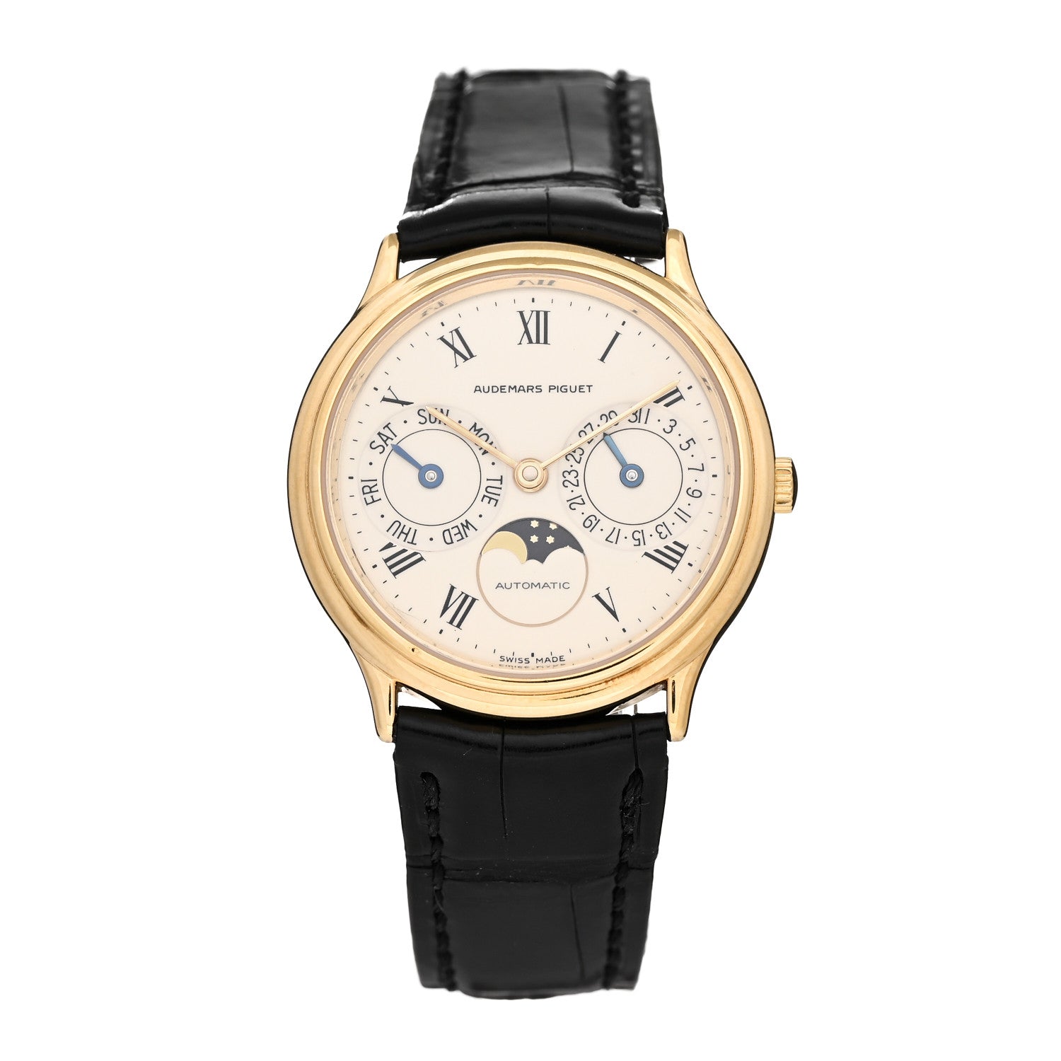 Audemars Piguet 18K Yellow Gold Alligator 33mm Day-Date Moonphase Automatic Watch White 25589 1 of 4