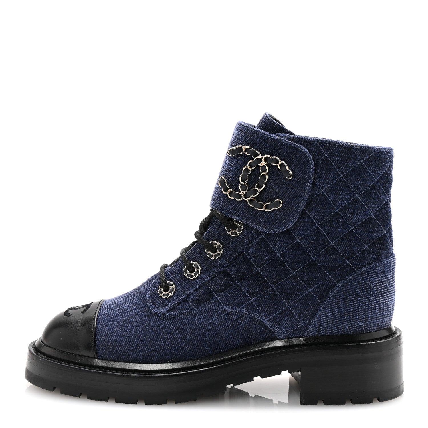 Chanel Shiny Calfskin Velvet Quilted Lace Up Combat Boots 38.5 Blue Black 1 of 9