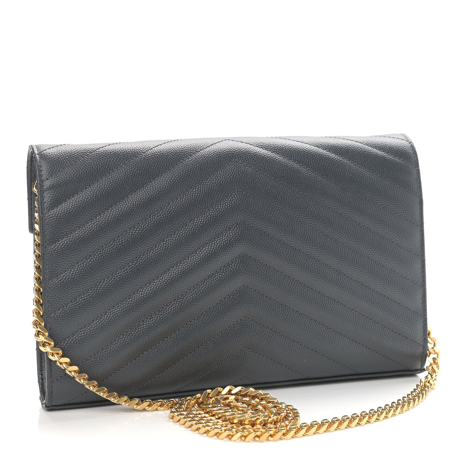 Saint Laurent Grain De Poudre Matelasse Chevron Monogram Chain Wallet Dark Smog 3 of 11