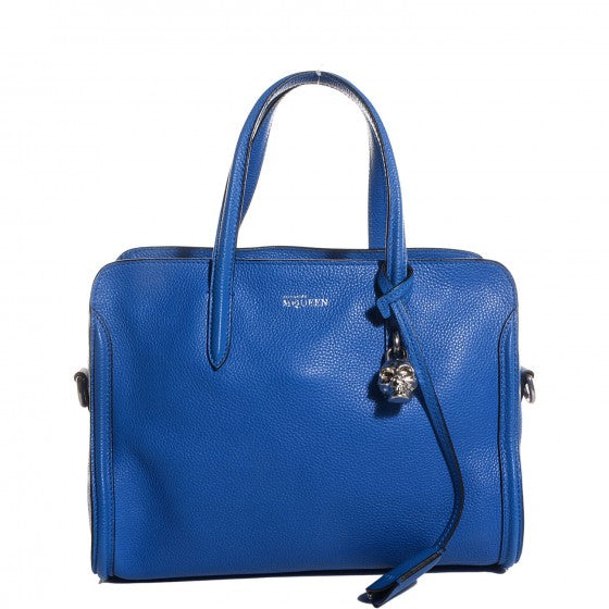 Pebbled Calfskin Small Skull Padlock Zip Around Tote Blue