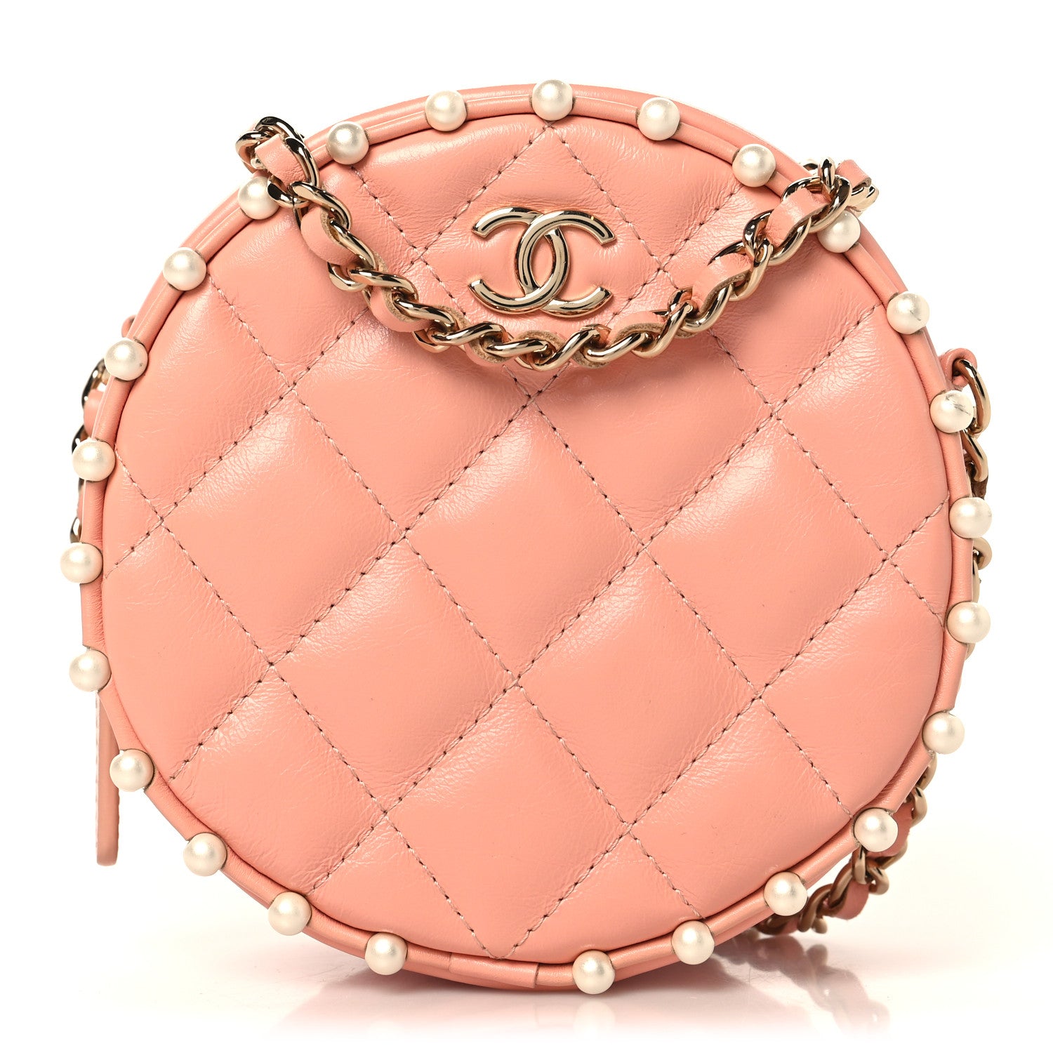 Chanel Calfskin Quilted Pearl Round Clutch With Chain Pink 1 of 10