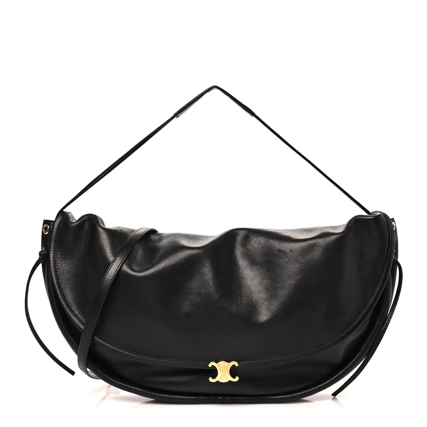 Celine Shiny Lambskin Soft Triomphe Half Moon Bag Black 1 of 9