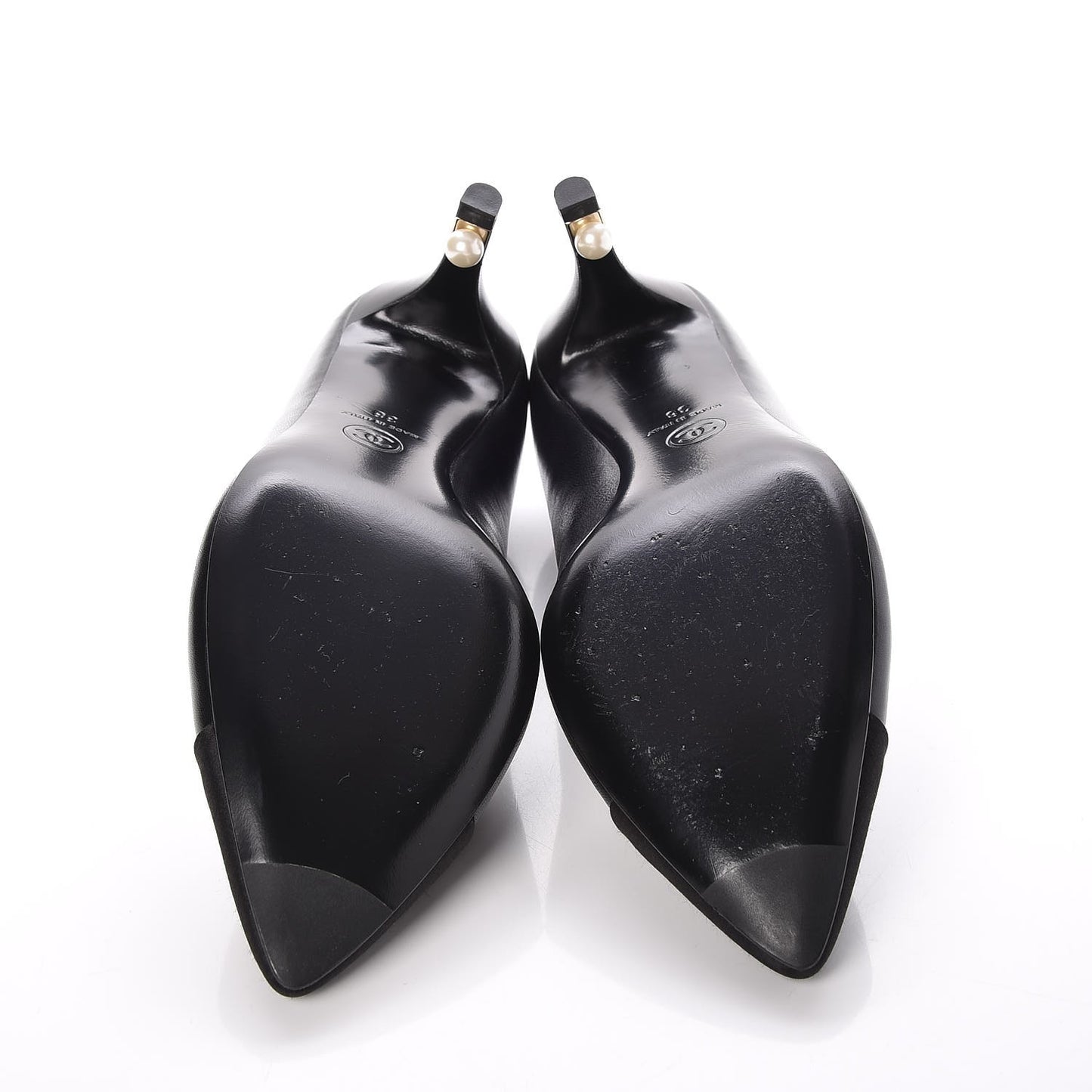 Lambskin Satin Cap Toe Pearl Pumps 38 Black