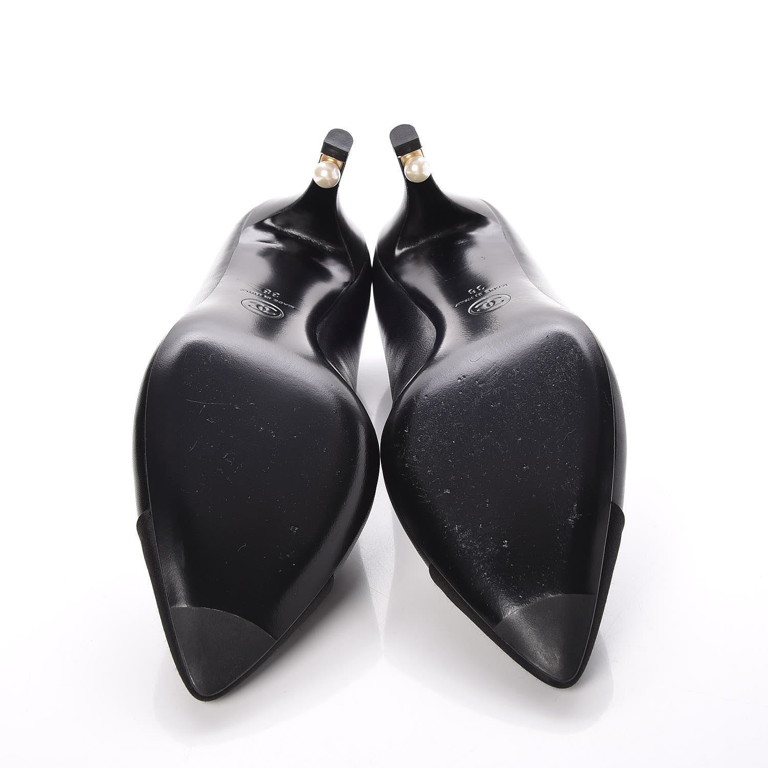 Chanel Lambskin Satin Cap Toe Pearl Pumps 38 Black 5 of 8