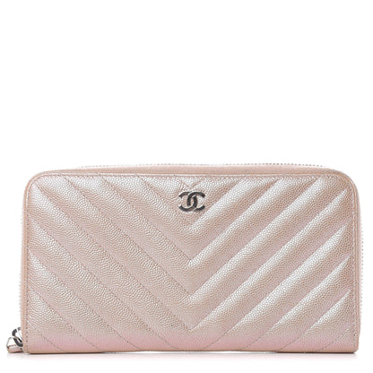 Chanel Metallic Caviar Chevron Quilted Zip Around Wallet Light Gold 1 of 12