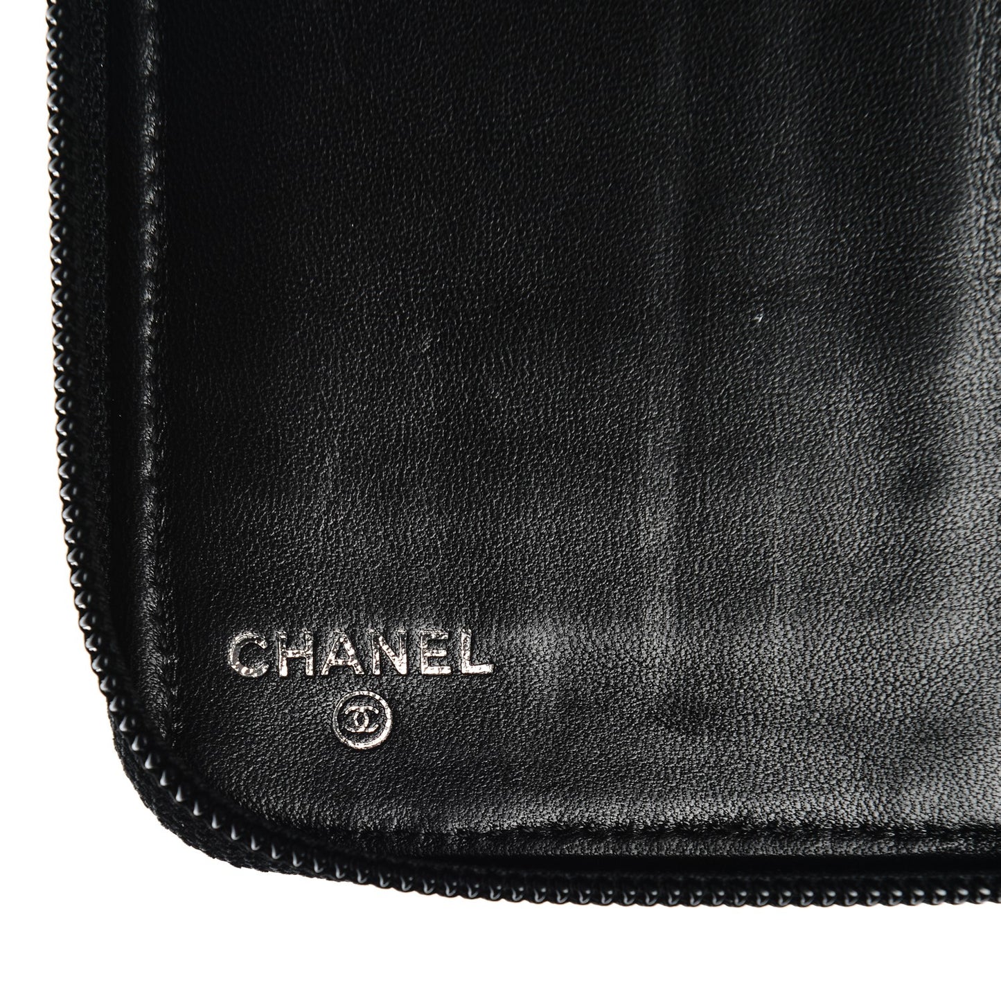 Lambskin Camellia Embossed Zip Around Organizer Wallet Black