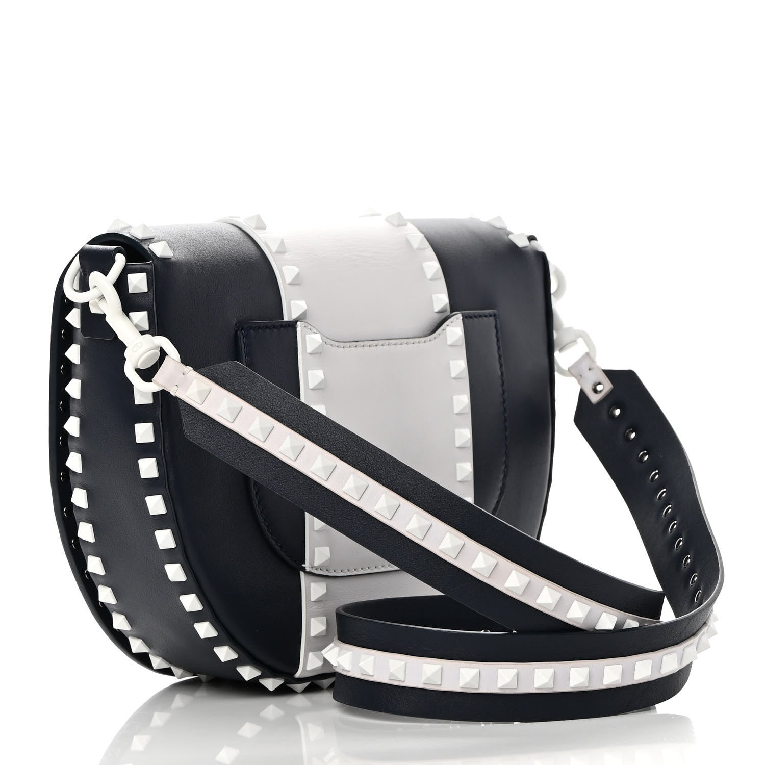 Valentino Garavani Vitello Colorblock Large Free Rockstud Halfmoon Saddle Bag Marine White 3 of 14