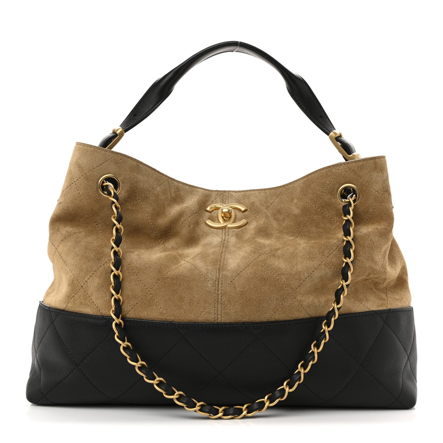 Chanel Suede Calfskin Shiny Lambskin Quilted Small Coco Base Shopping Bag Beige Black 1 of 10