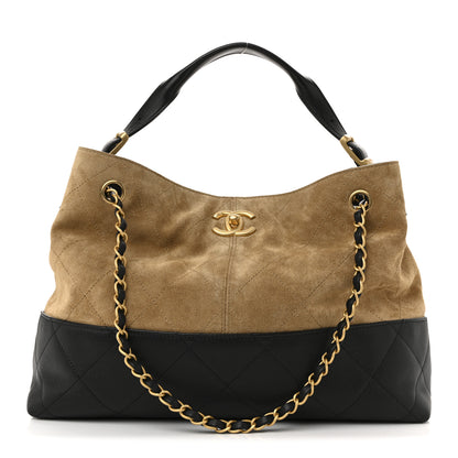 Chanel Suede Calfskin Shiny Lambskin Quilted Small Coco Base Shopping Bag Beige Black 1 of 10