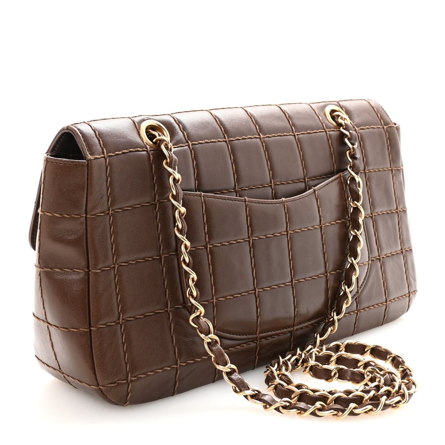 Lambskin Square Double Stitch Flap Dark Brown