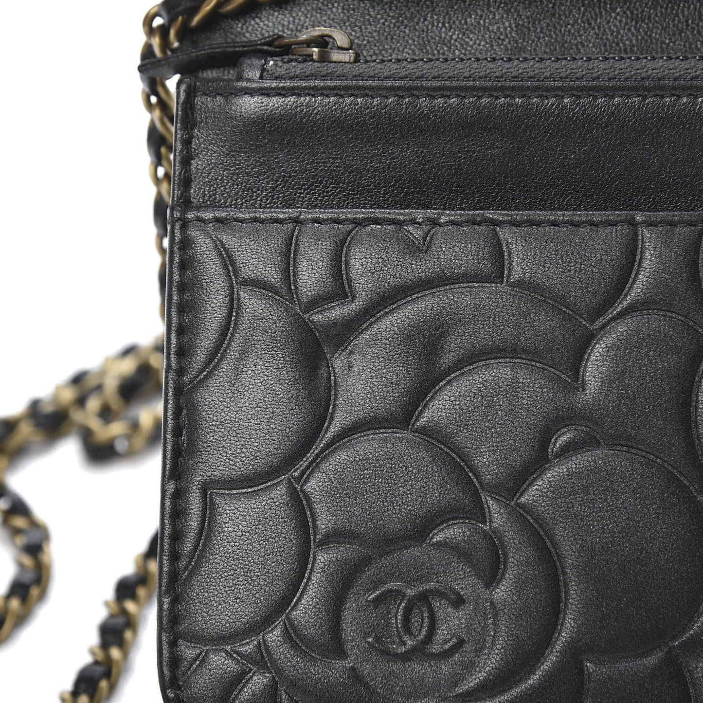 Lambskin Camellia Embossed Wallet on Chain WOC Black