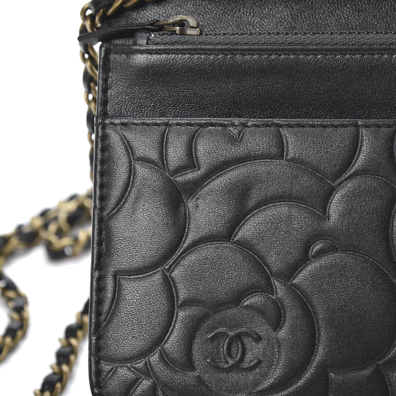 Chanel Lambskin Camellia Embossed Wallet on Chain WOC Black 11 of 15