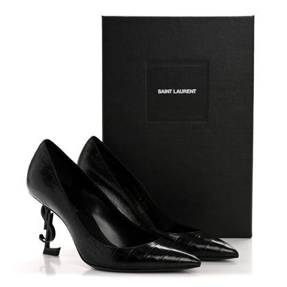 Saint Laurent Calfskin Crocodile Embossed Opyum Pumps 37.5 Black 10 of 10