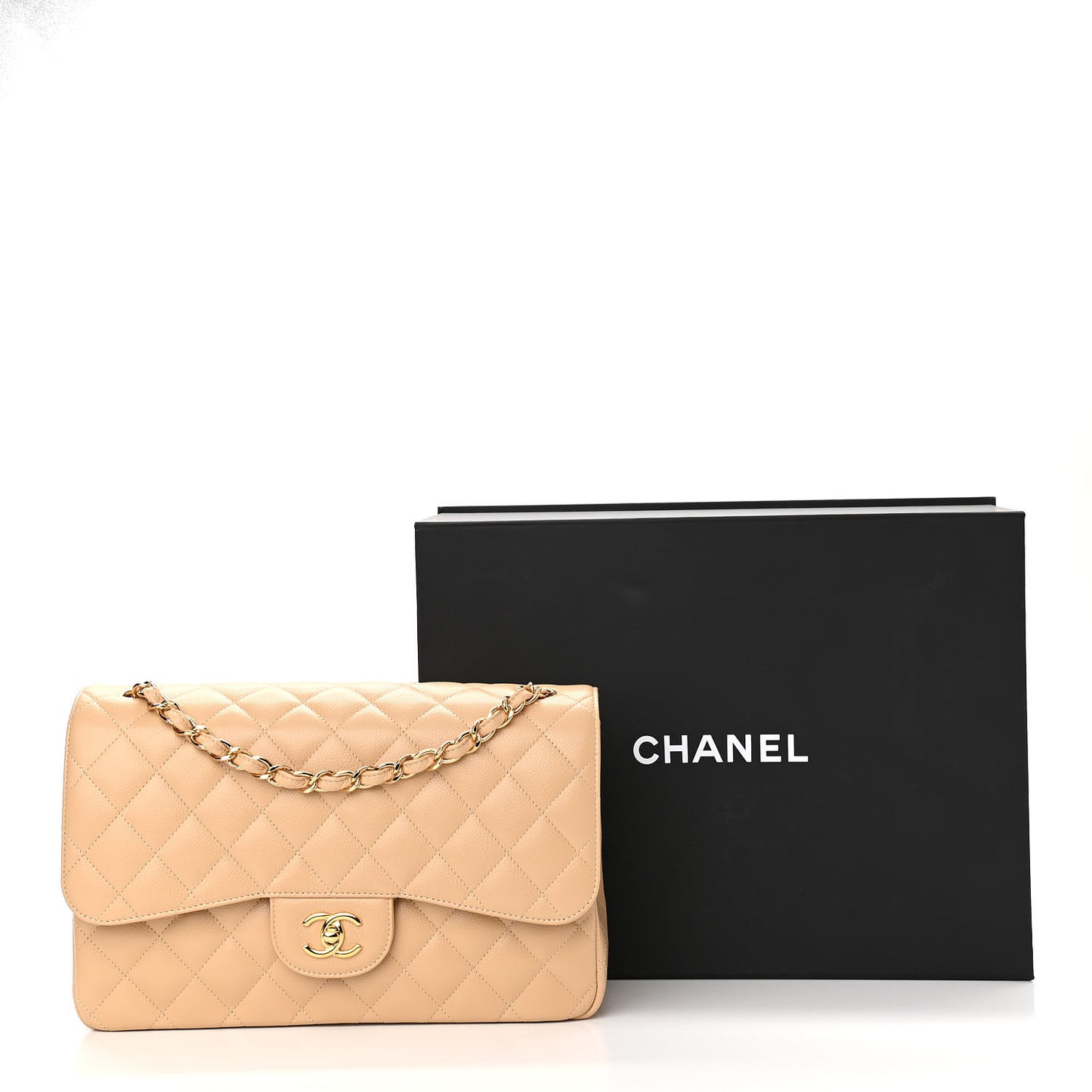 Caviar Quilted Jumbo Double Flap Beige