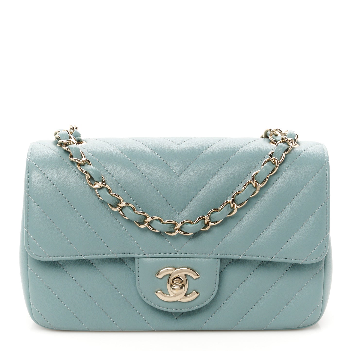 Lambskin Chevron Quilted Mini Rectangular Flap Light Blue