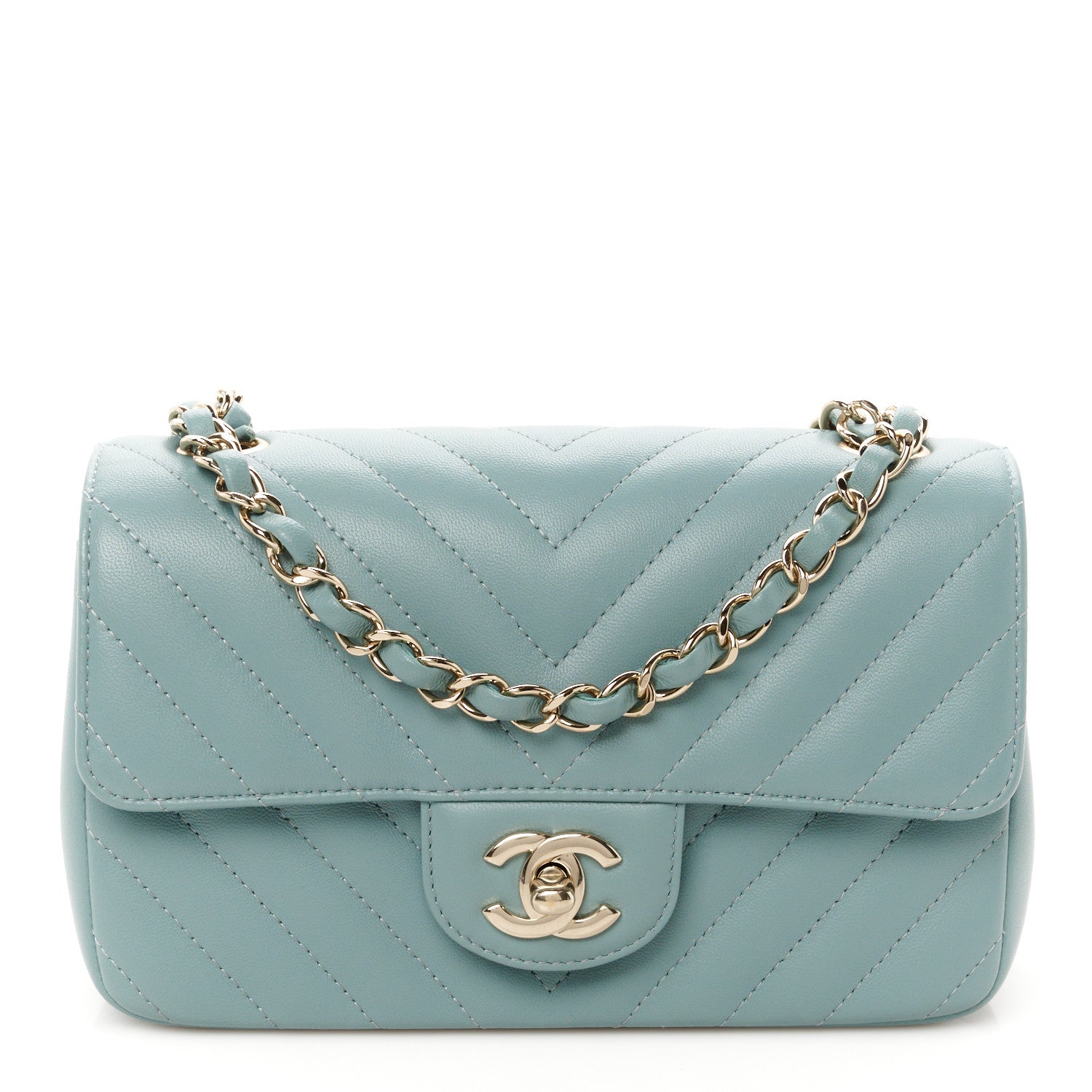 Chanel Lambskin Chevron Quilted Mini Rectangular Flap Light Blue 1 of 12