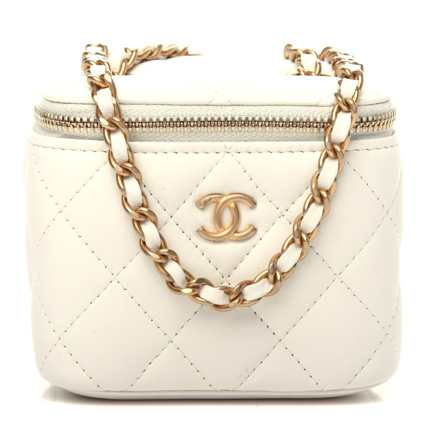 Lambskin Quilted Pearl Crush Mini Vanity Case With Chain White