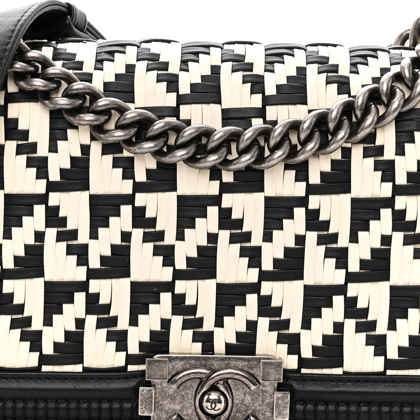 Calfskin Woven Medium Boy Flap Black White