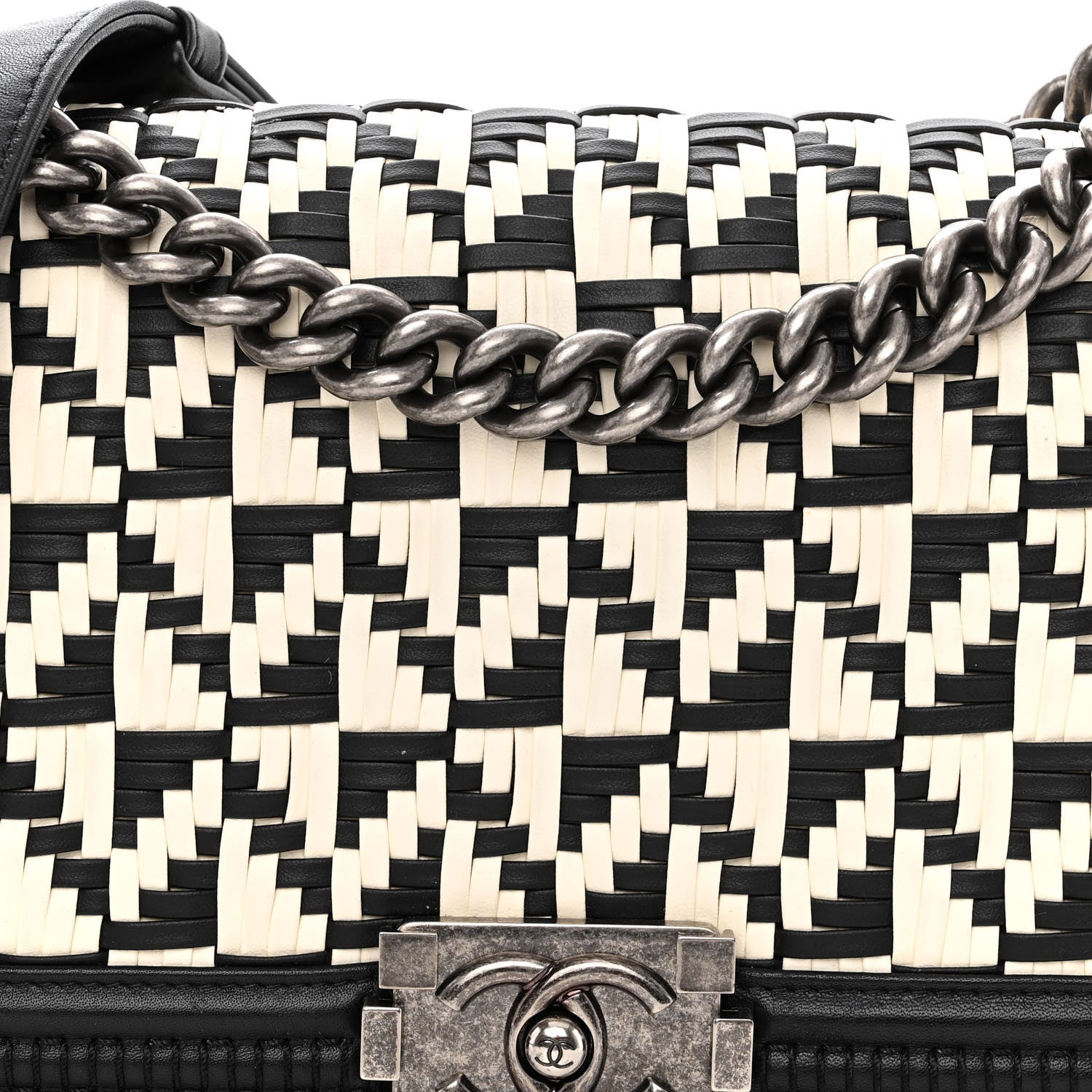 Chanel Calfskin Woven Medium Boy Flap Black White 7 of 11