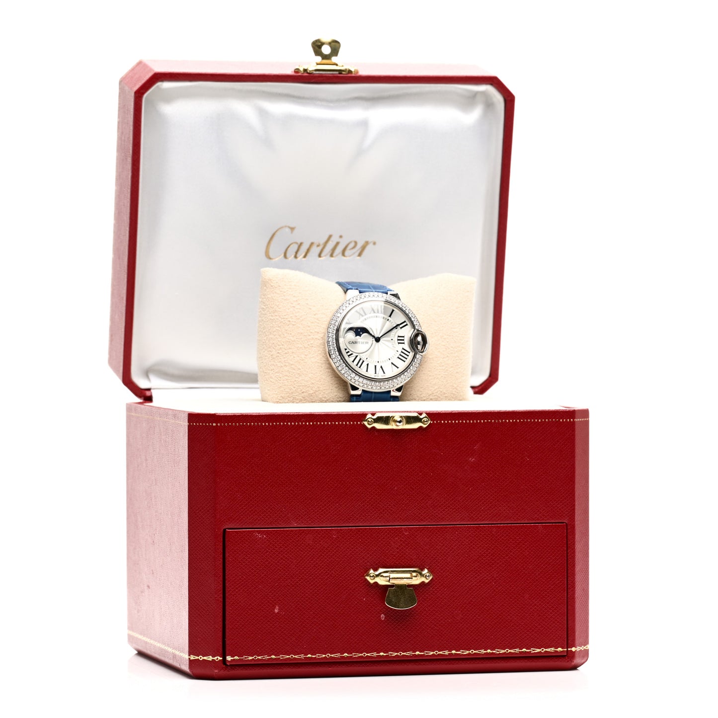 18K White Gold Diamond Pave Bezel 37mm Ballon Bleu De Cartier Moonphase Automatic Watch