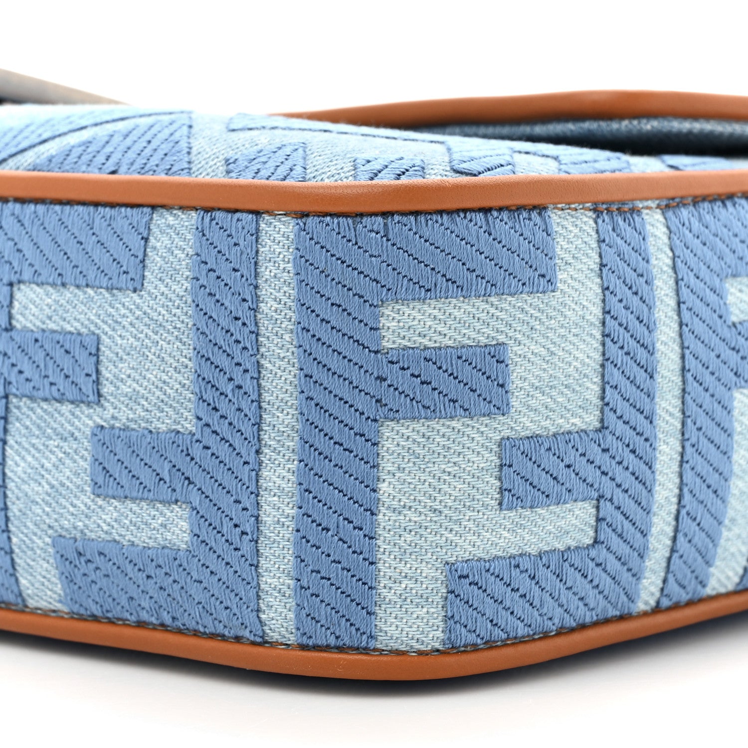 Fendi Denim Vitello King FF Embroidered Baguette Denim Chiaro Brandy 8 of 10