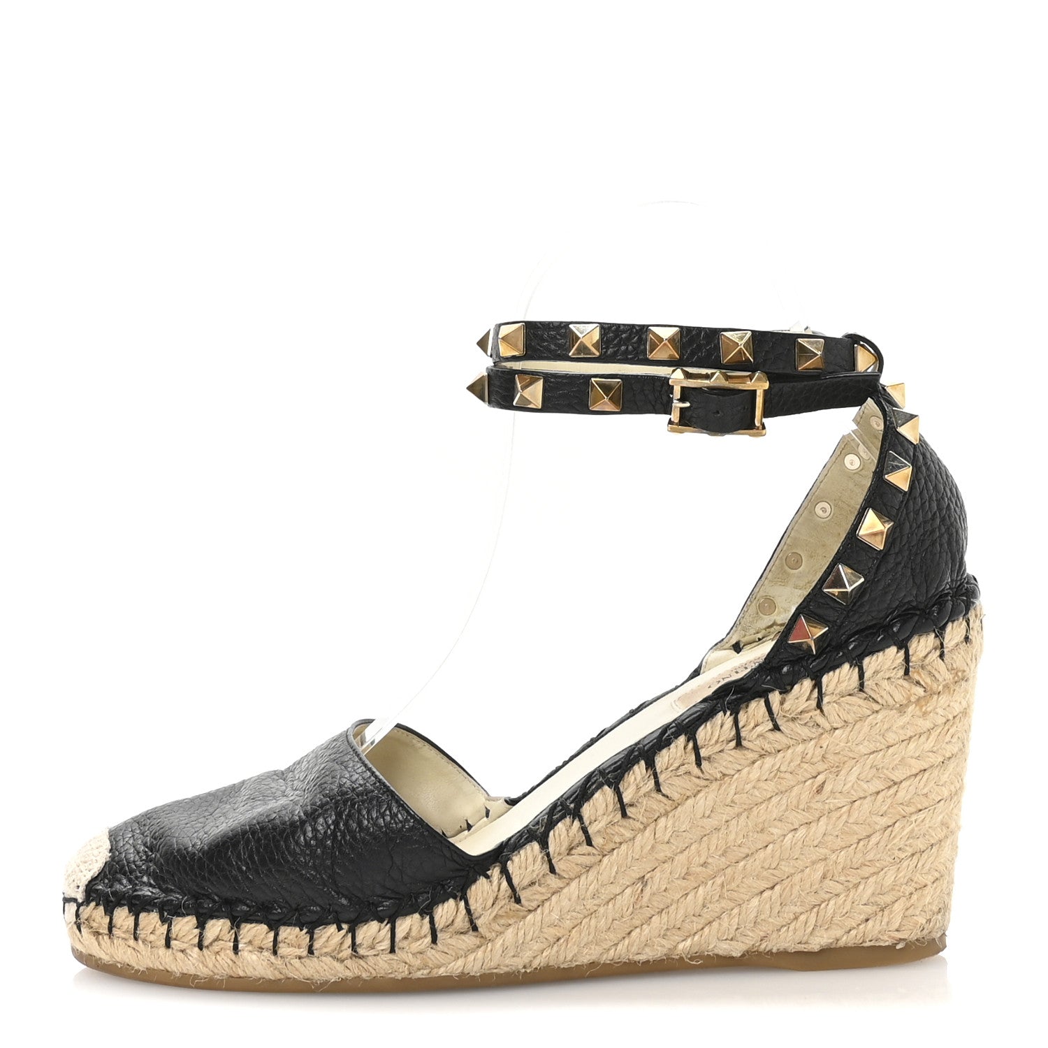 Valentino Garavani Grained Calfskin Rockstud Ankle Wrap Espadrille 15/85mm Wedges 38 Black Light Cuir 1 of 9