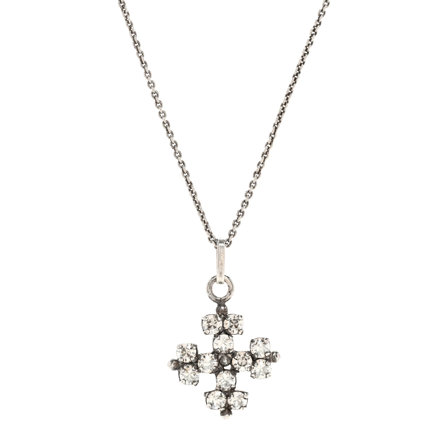 Saint Laurent Metal Crystal Cross Pendant Necklace Silver 1603628