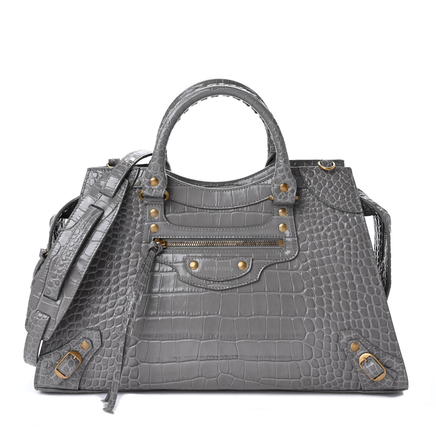 Shiny Supple Calfskin Crocodile Embossed Brass Hardware Neo Classic City Steel Grey