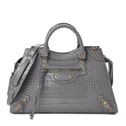 Balenciaga Shiny Supple Calfskin Crocodile Embossed Brass Hardware Neo Classic City Steel Grey 1 of 8