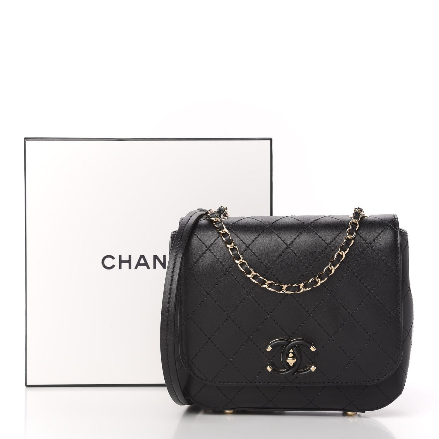 Calfskin Stitched Small Covered CC Flap Bag Black