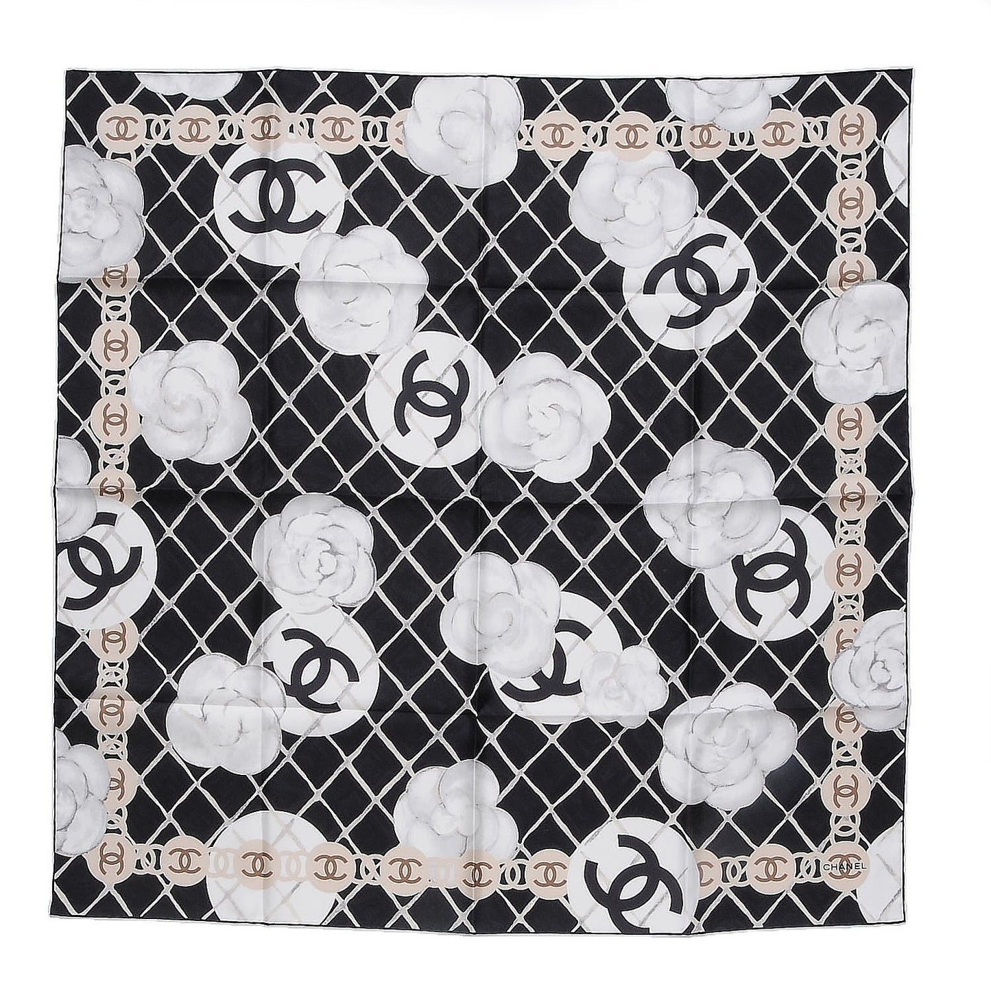Silk CC Logo Camellia Scarf White Black