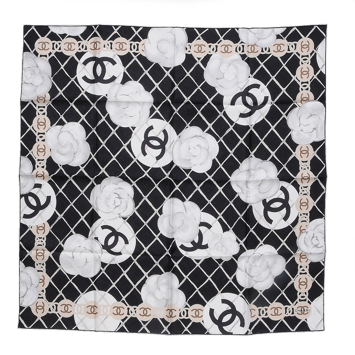 Chanel Silk CC Logo Camellia Scarf White Black 1 of 5