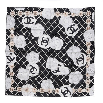 Chanel Silk CC Logo Camellia Scarf White Black 1 of 5